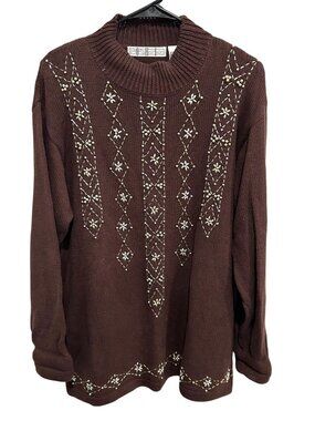 Vintage OHI Brown Knit Sweater With Embroidered Floral Patterns Sz Large